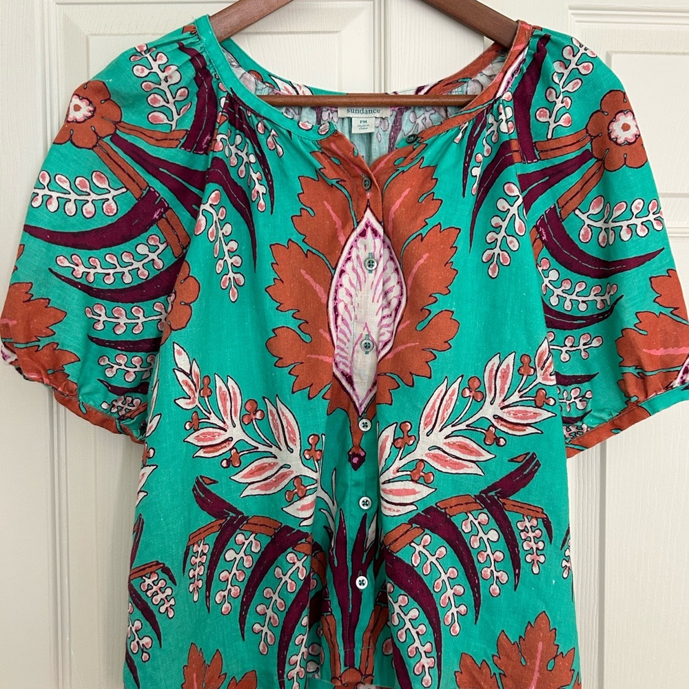 Sundance Short Sleeve Linen Blouse in Teal and Purple